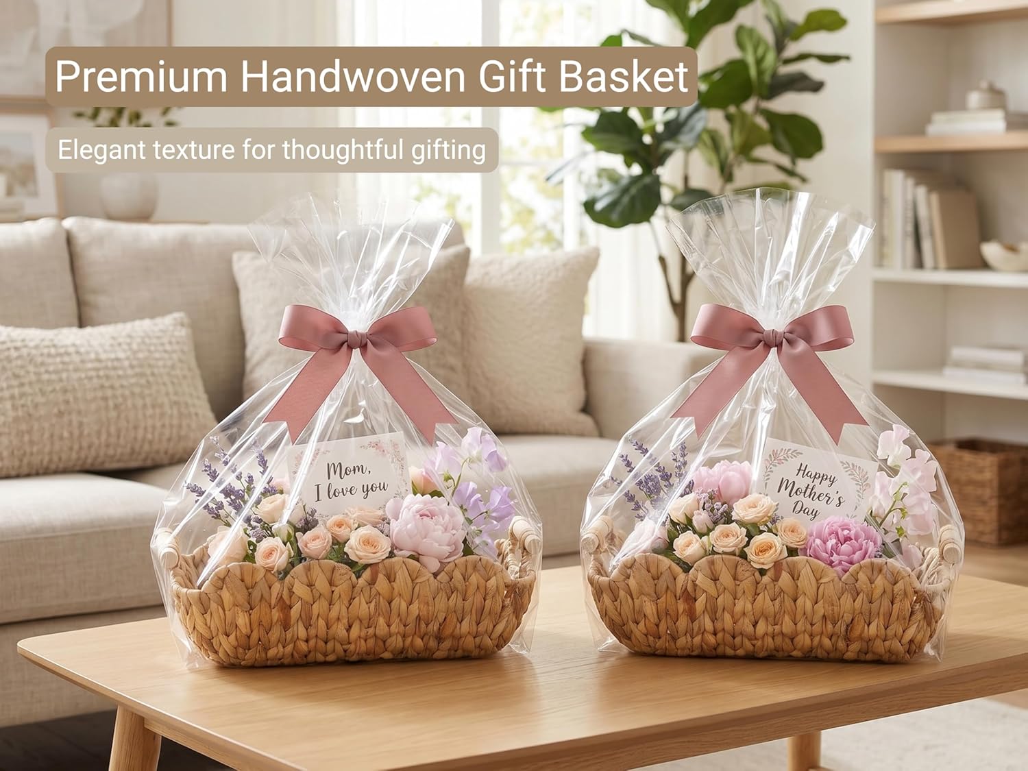 Scalloped Gift Baskets with Wooden Handles - Set of 2