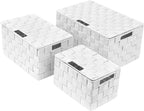 White Wicker Storage Baskets with Lids - Set of 3