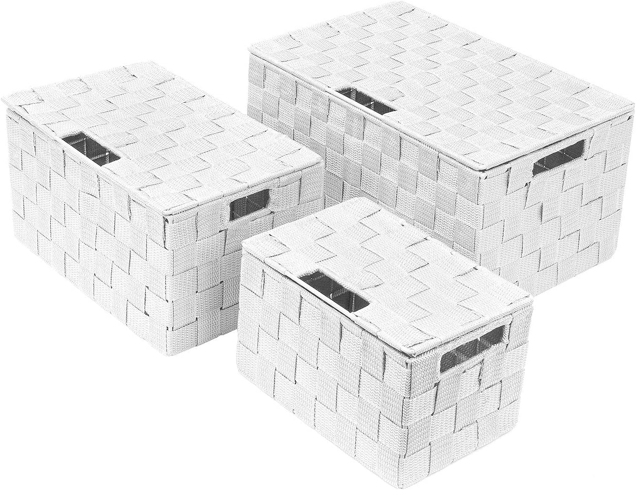 White Wicker Storage Baskets with Lids - Set of 3