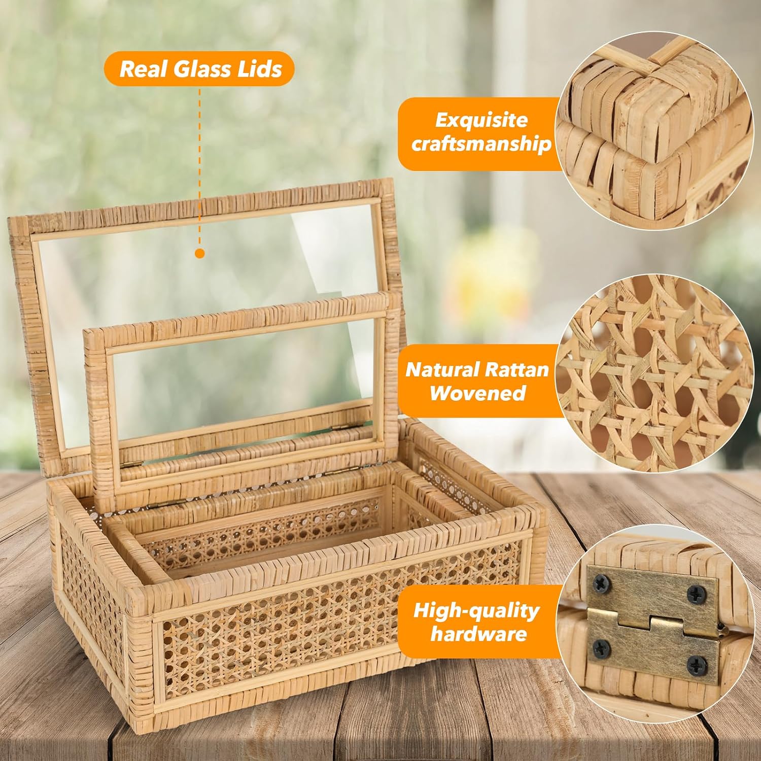 Rattan Display Boxes with Glass Lids - Set of 2