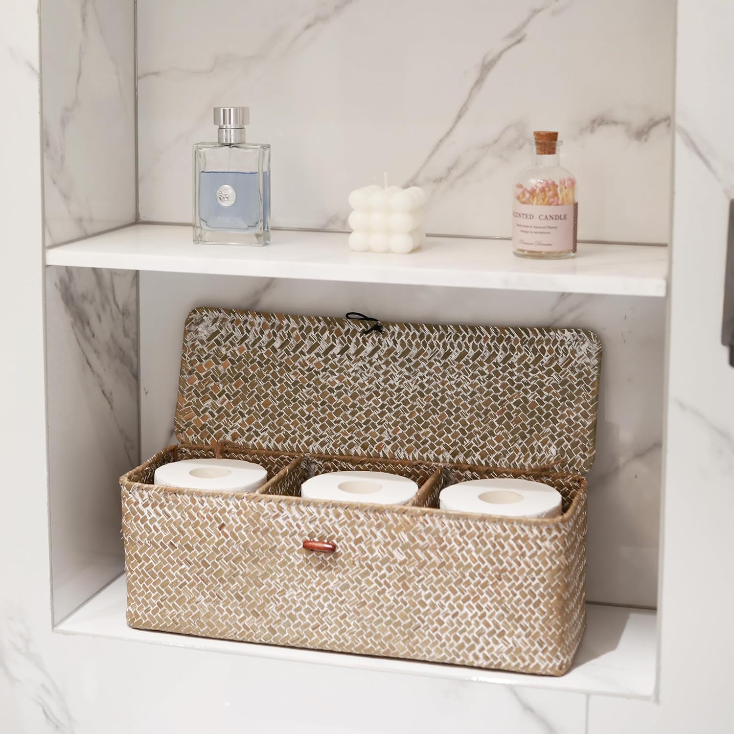 Whitewashed Seagrass Toilet Tank Basket with Lid