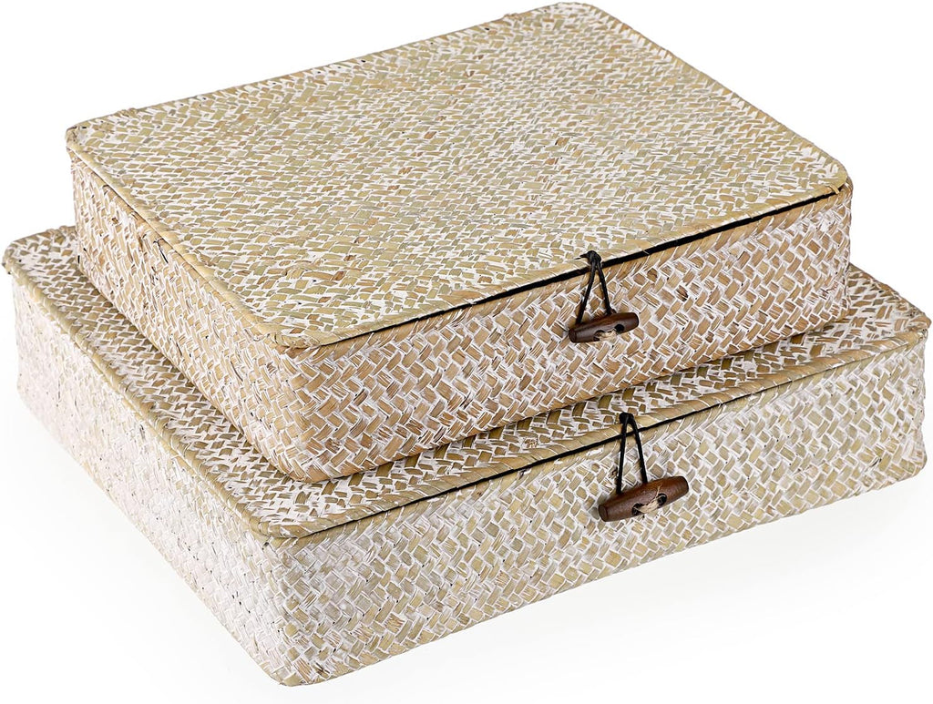 Flat Seagrass Storage Bins with Lids - Set of 2
