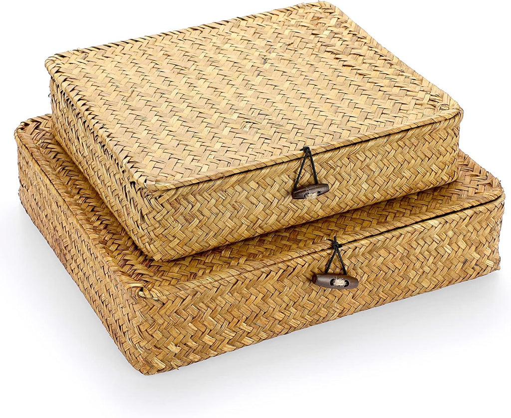 Flat Seagrass Storage Bins with Lids - Set of 2