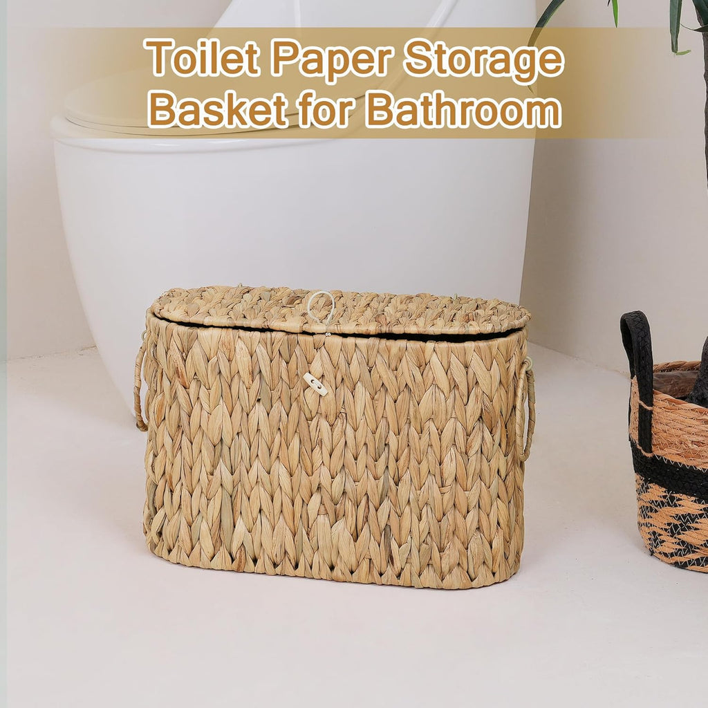 Slim Water Hyacinth Toilet Paper Basket with Lid