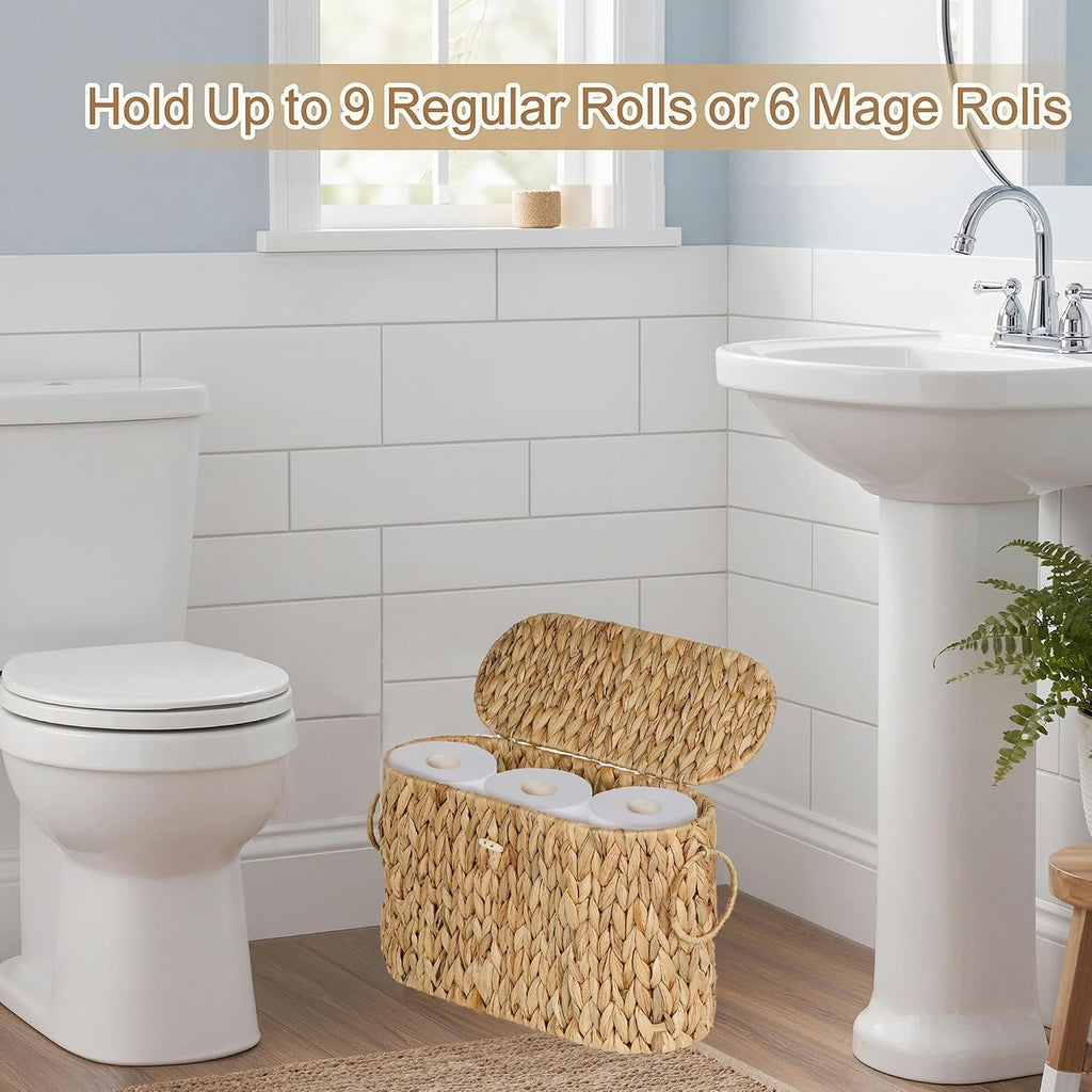 Slim Water Hyacinth Toilet Paper Basket with Lid
