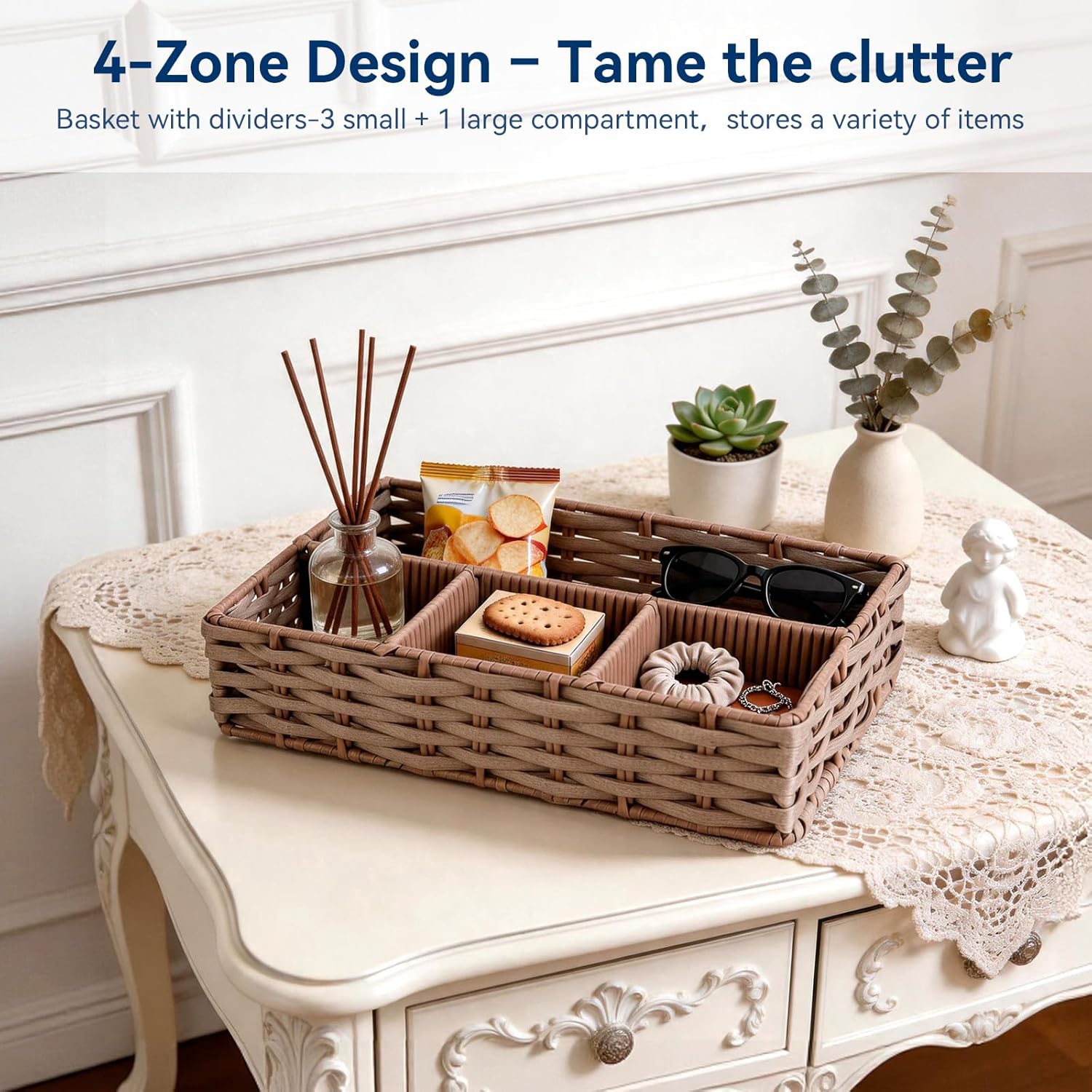 4-Compartment Woven Storage Basket with Dividers