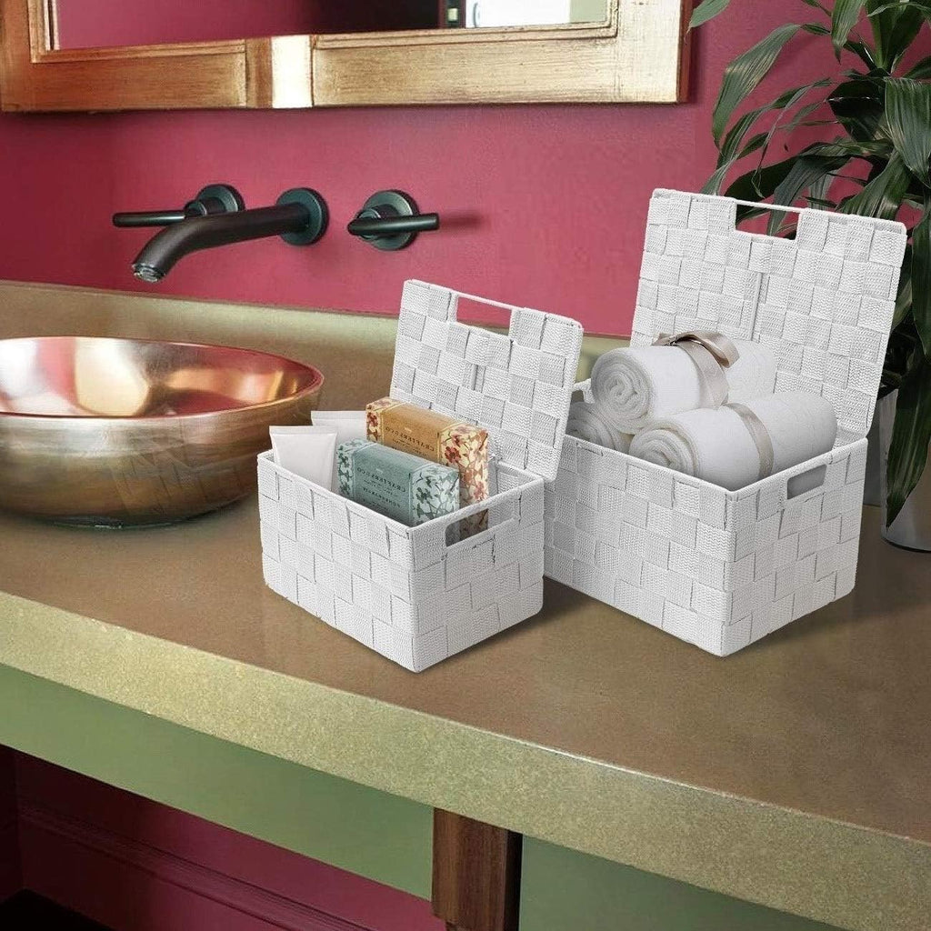 White Wicker Storage Baskets with Lids - Set of 3