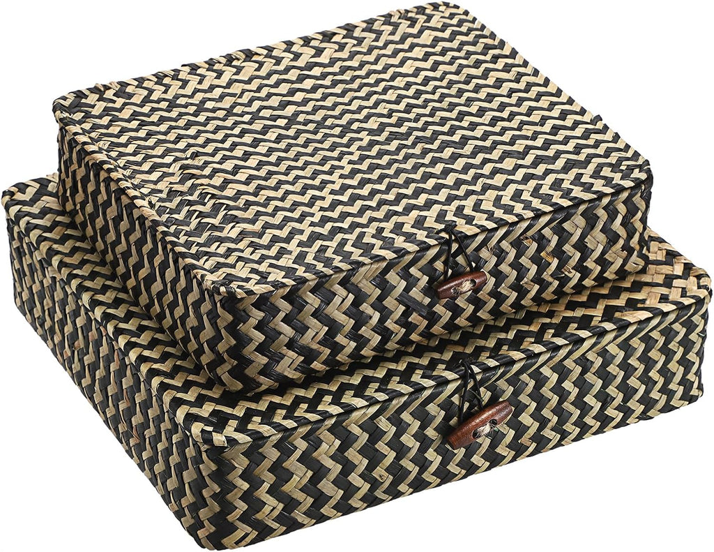 Flat Seagrass Storage Bins with Lids - Set of 2