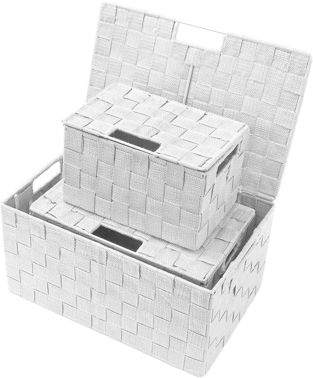 White Wicker Storage Baskets with Lids - Set of 3
