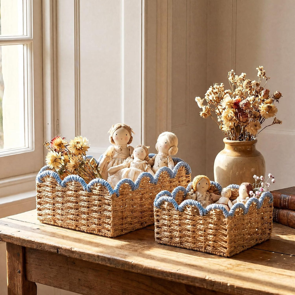 Blue Scalloped Wicker Baskets - Set of 2