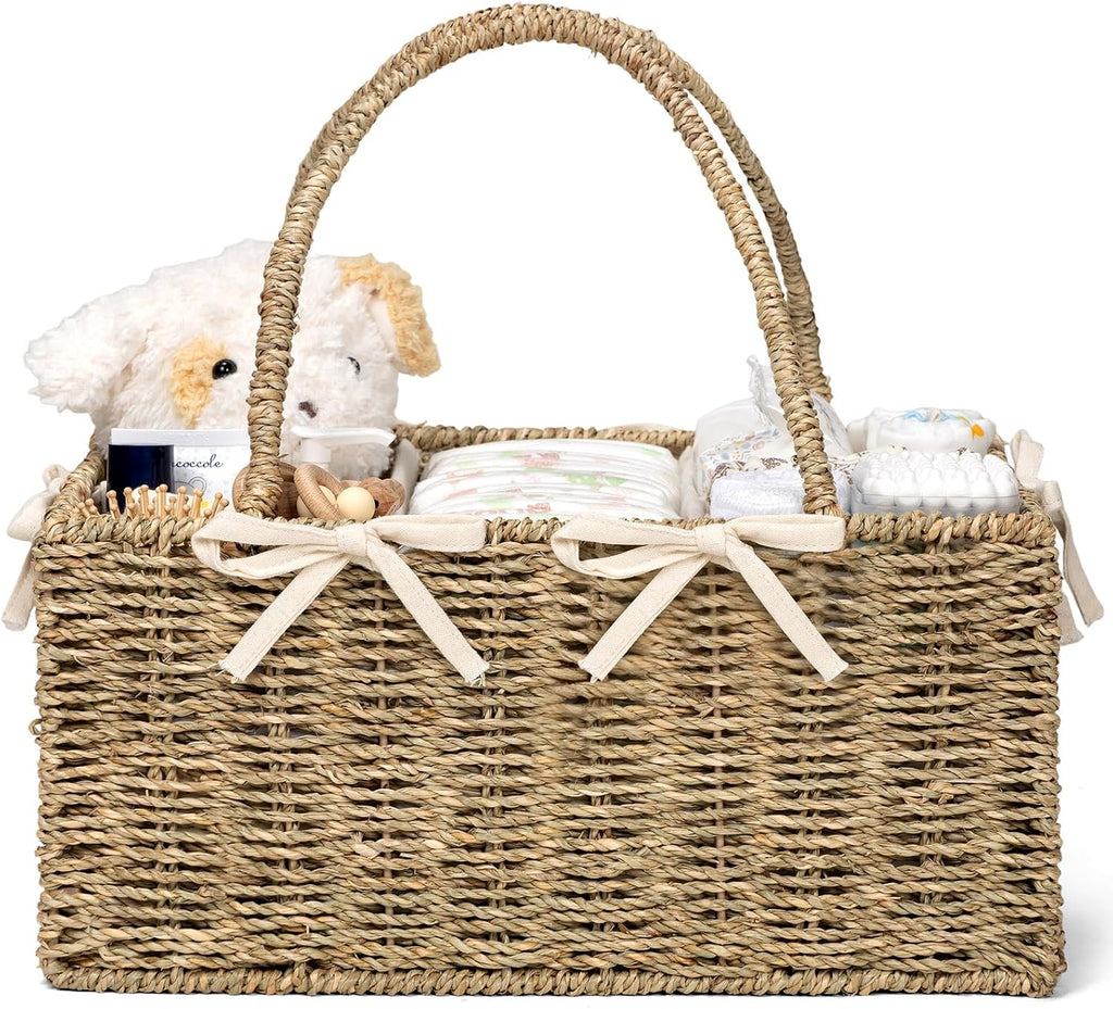 Diaper Caddy Organizer - Hand Rattan Nursery Storage Basket for Baby