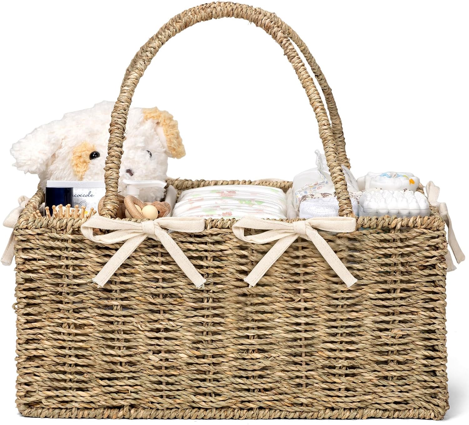Diaper Caddy Organizer - Hand Rattan Nursery Storage Basket for Baby