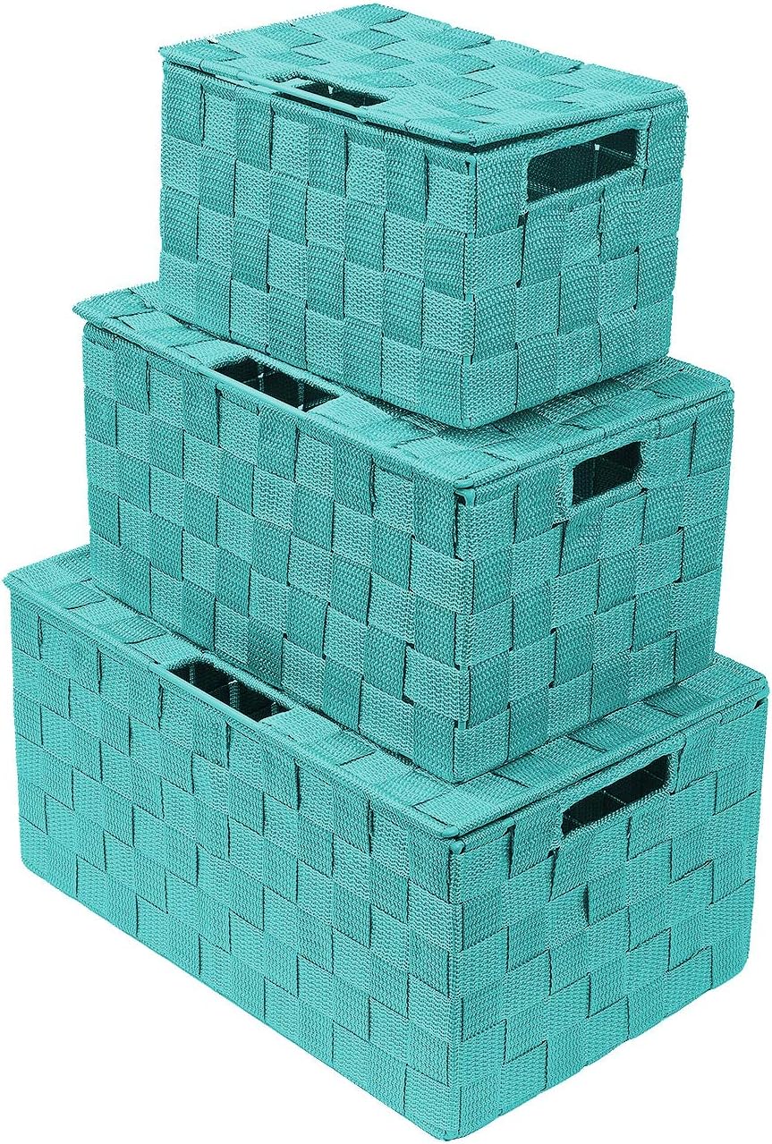 White Wicker Storage Baskets with Lids - Set of 3