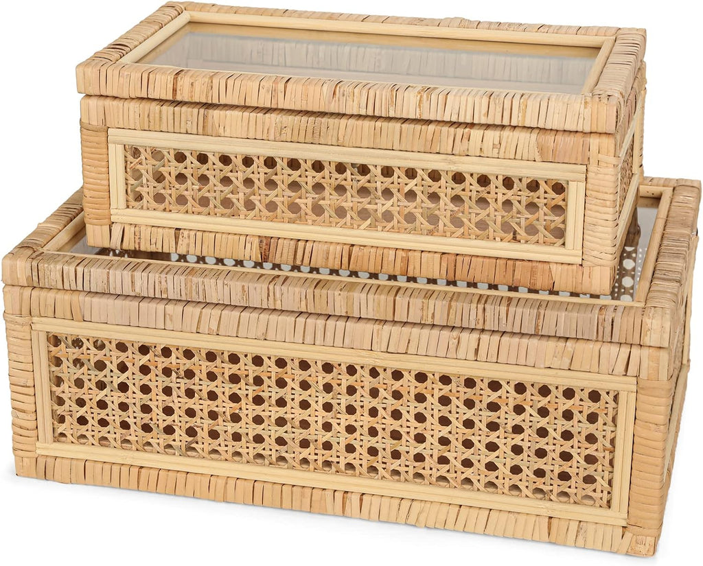 Rattan Display Boxes with Glass Lids - Set of 2