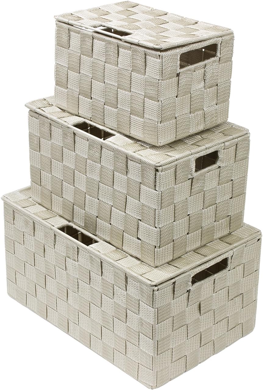 White Wicker Storage Baskets with Lids - Set of 3