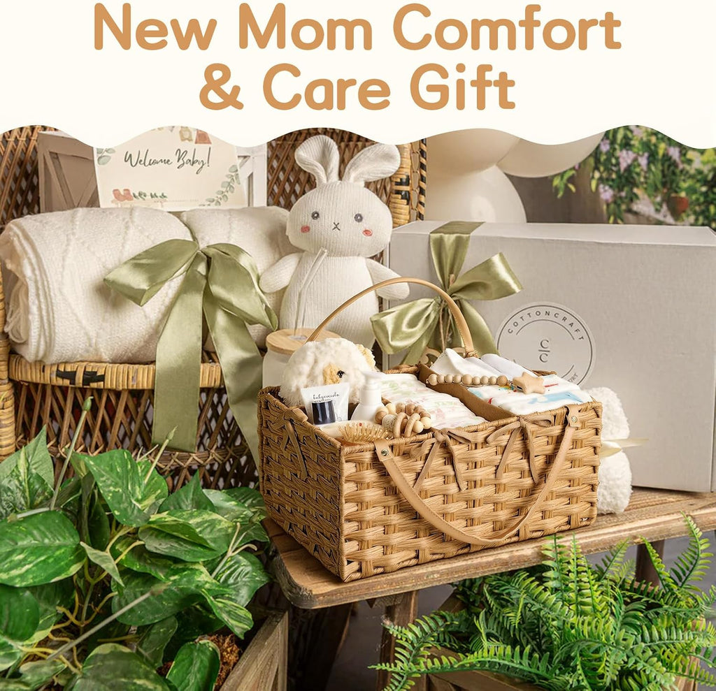 Diaper Caddy Organizer - Hand Rattan Nursery Storage Basket for Baby