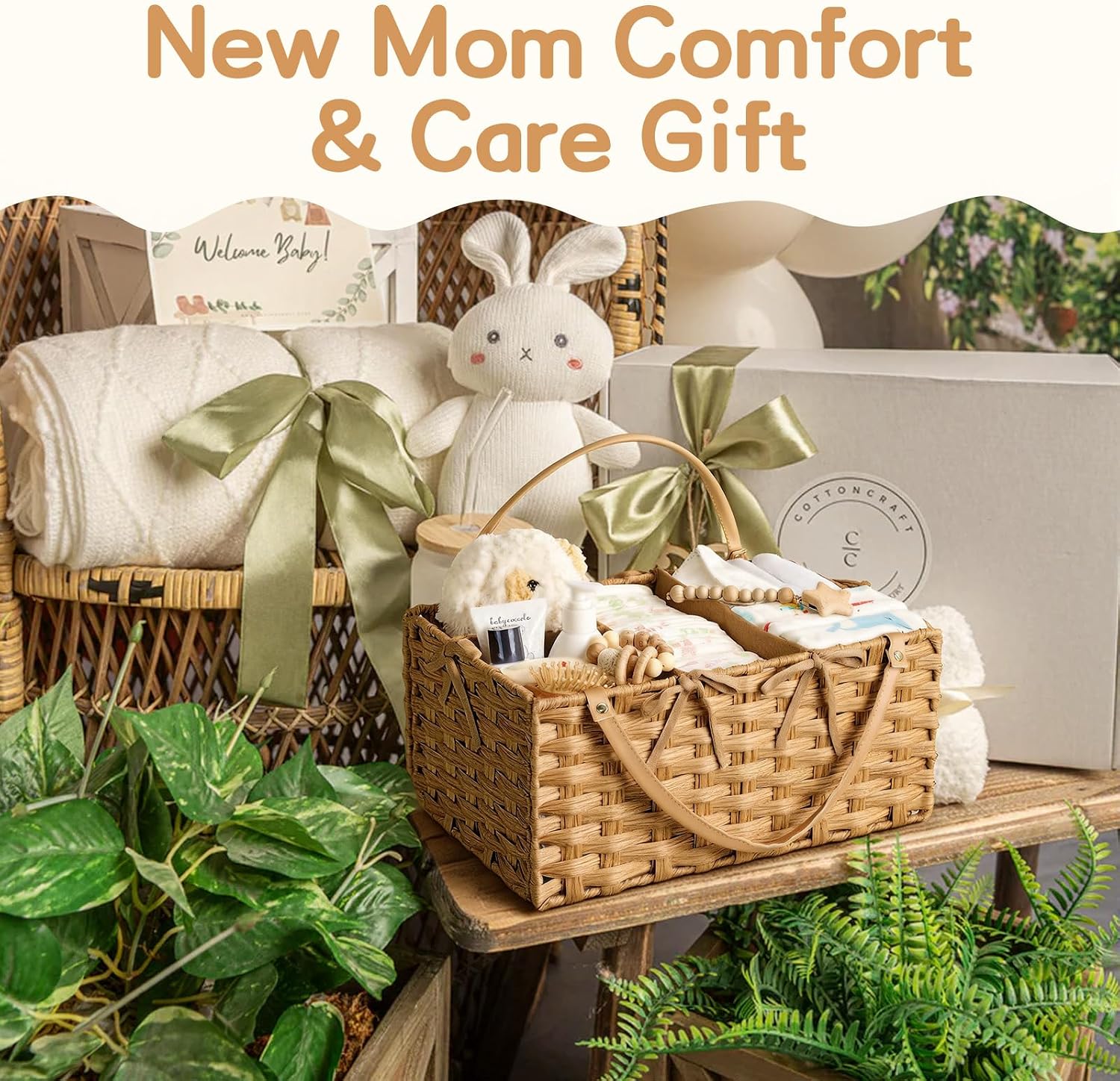 Diaper Caddy Organizer - Hand Rattan Nursery Storage Basket for Baby