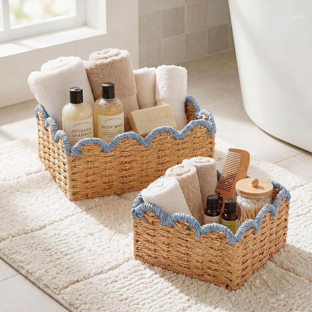 Blue Scalloped Wicker Baskets - Set of 2