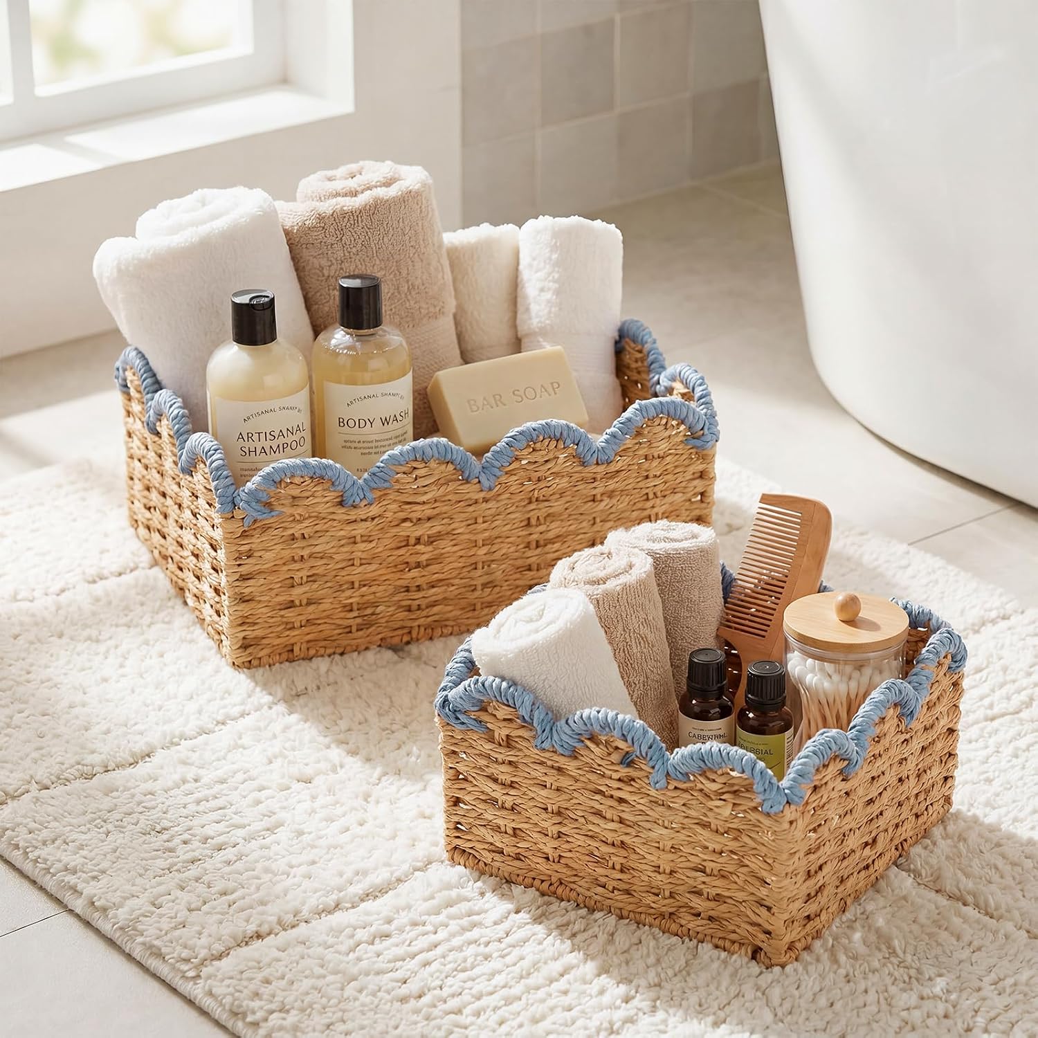 Blue Scalloped Wicker Baskets - Set of 2