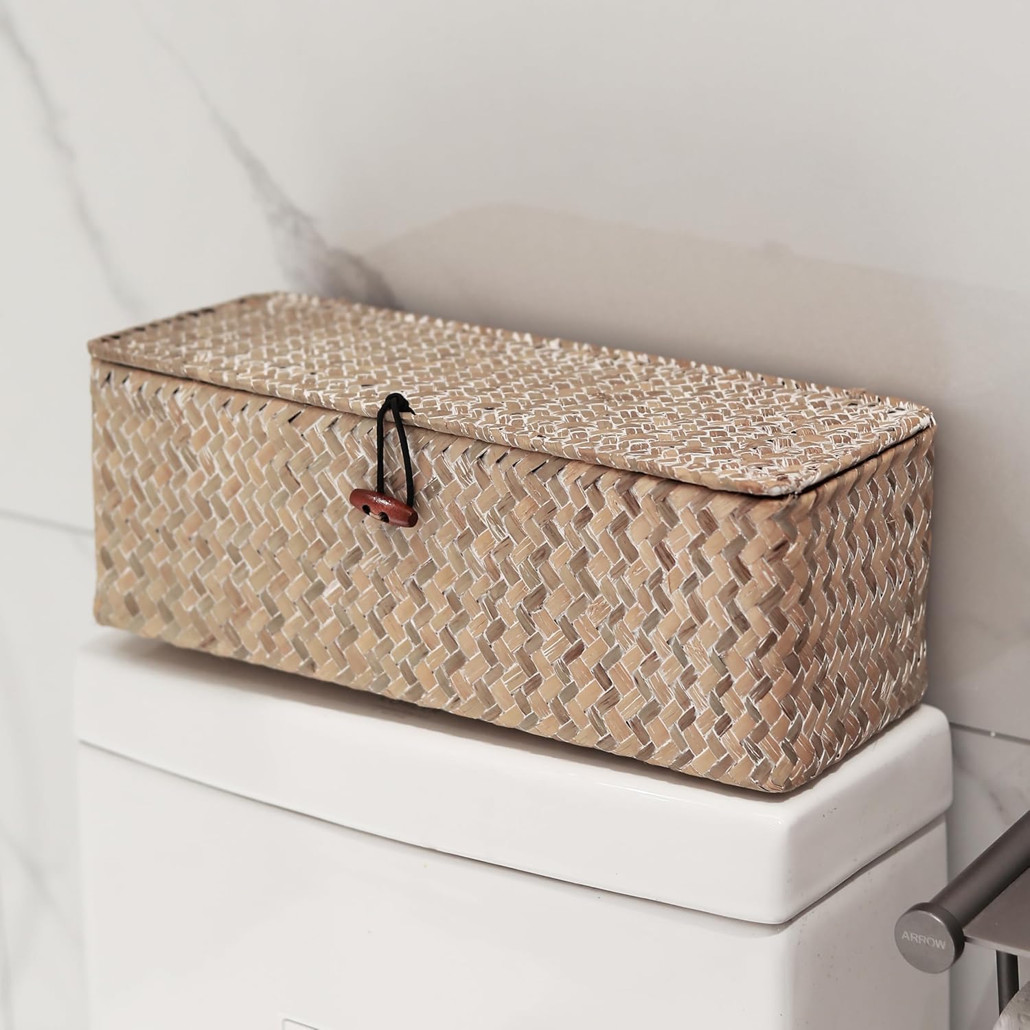 Whitewashed Seagrass Toilet Tank Basket with Lid