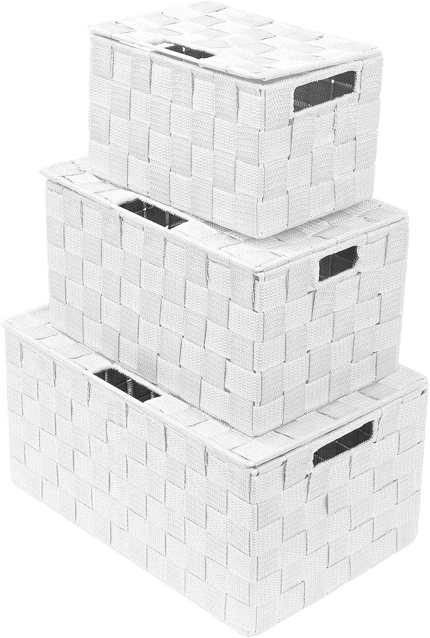 White Wicker Storage Baskets with Lids - Set of 3