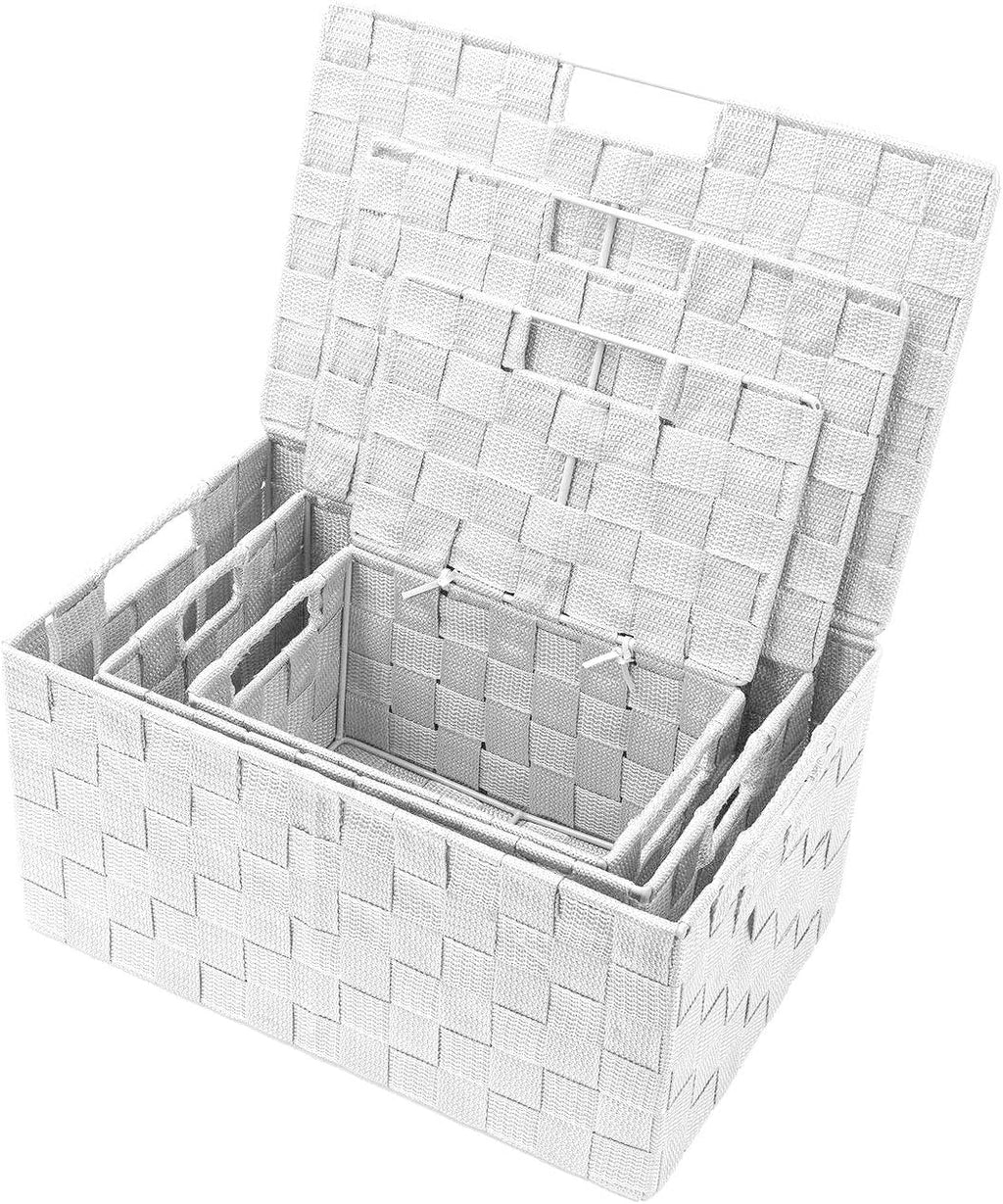 White Wicker Storage Baskets with Lids - Set of 3