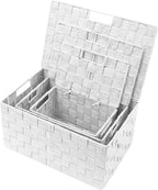 White Wicker Storage Baskets with Lids - Set of 3