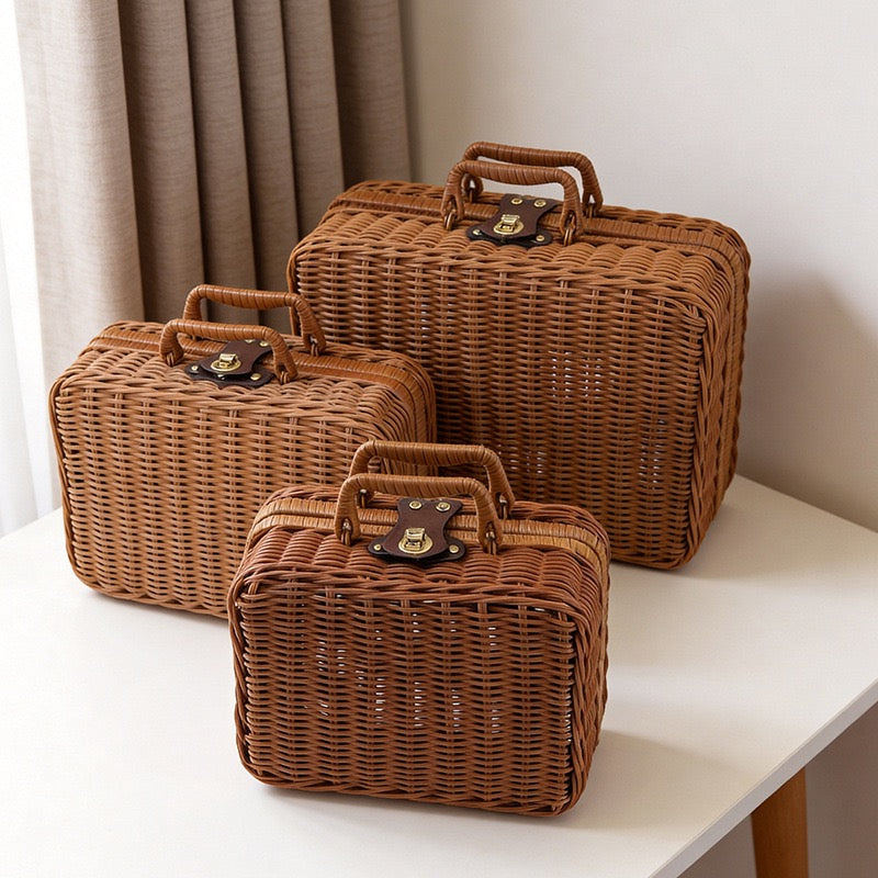 Wicker Storage Suitcase with Handle – Rattan Organizer Box with Lid & Clasp for Cosmetics, Accessories & Home Storage-cc-092405