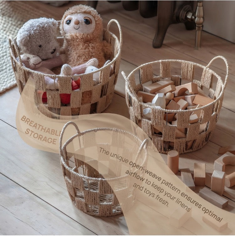 3-Piece Woven Storage Basket Set with Handles – Decorative Toy & Home Organizer Baskets-cc-091719