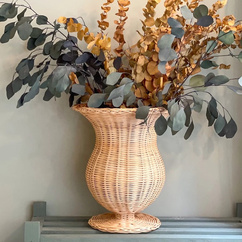 Natural Rattan Woven Vase for Dried Flowers, Decorative Wicker Flower Vase with Pedestal Base, Boho Farmhouse Home Decor-cc-091809