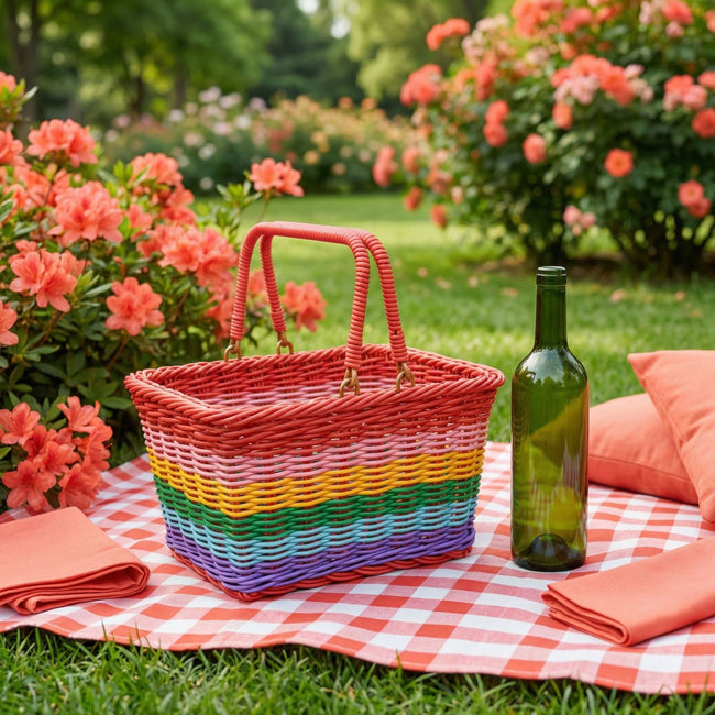 Colorful Woven Picnic Basket with Handles – Multi-Purpose Carry & Storage Basket for Fruit, Crafts, Shopping and Outdoor Use-cc-092006 Hover Image