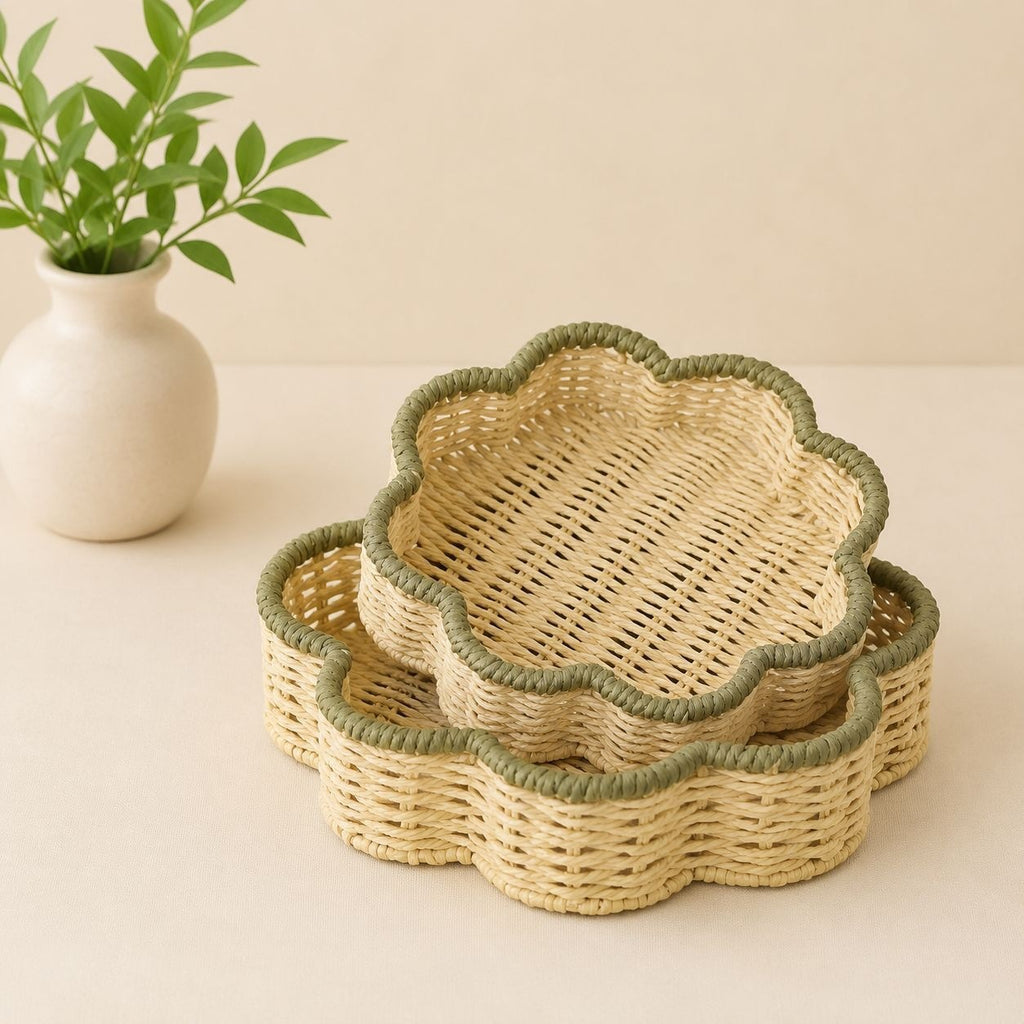 Scallop Trim Wicker Storage Baskets Set of 2, Handwoven Rattan Organizer Baskets with Handles for Fruit, Snacks & Desk Table Decor -ZENG-091814