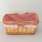 Handwoven Wicker Storage Basket with Floral Liner & Lace Trim, Rectangular Woven Organizer Basket with Foldable Handles for Home Decor -ZENG-091604