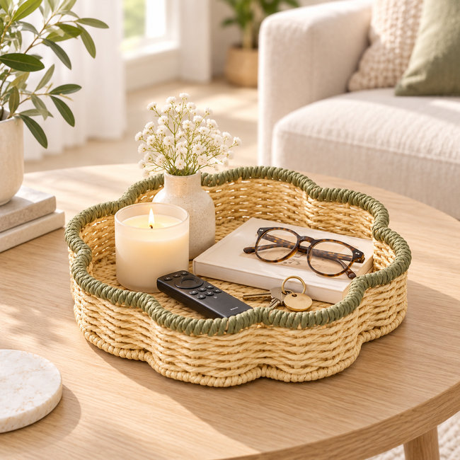 Scallop Trim Wicker Storage Baskets Set of 2, Handwoven Rattan Organizer Baskets with Handles for Fruit, Snacks & Desk Table Decor -ZENG-091814 Main Image