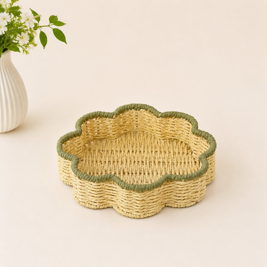 Scallop Trim Wicker Storage Baskets Set of 2, Handwoven Rattan Organizer Baskets with Handles for Fruit, Snacks & Desk Table Decor -ZENG-091814