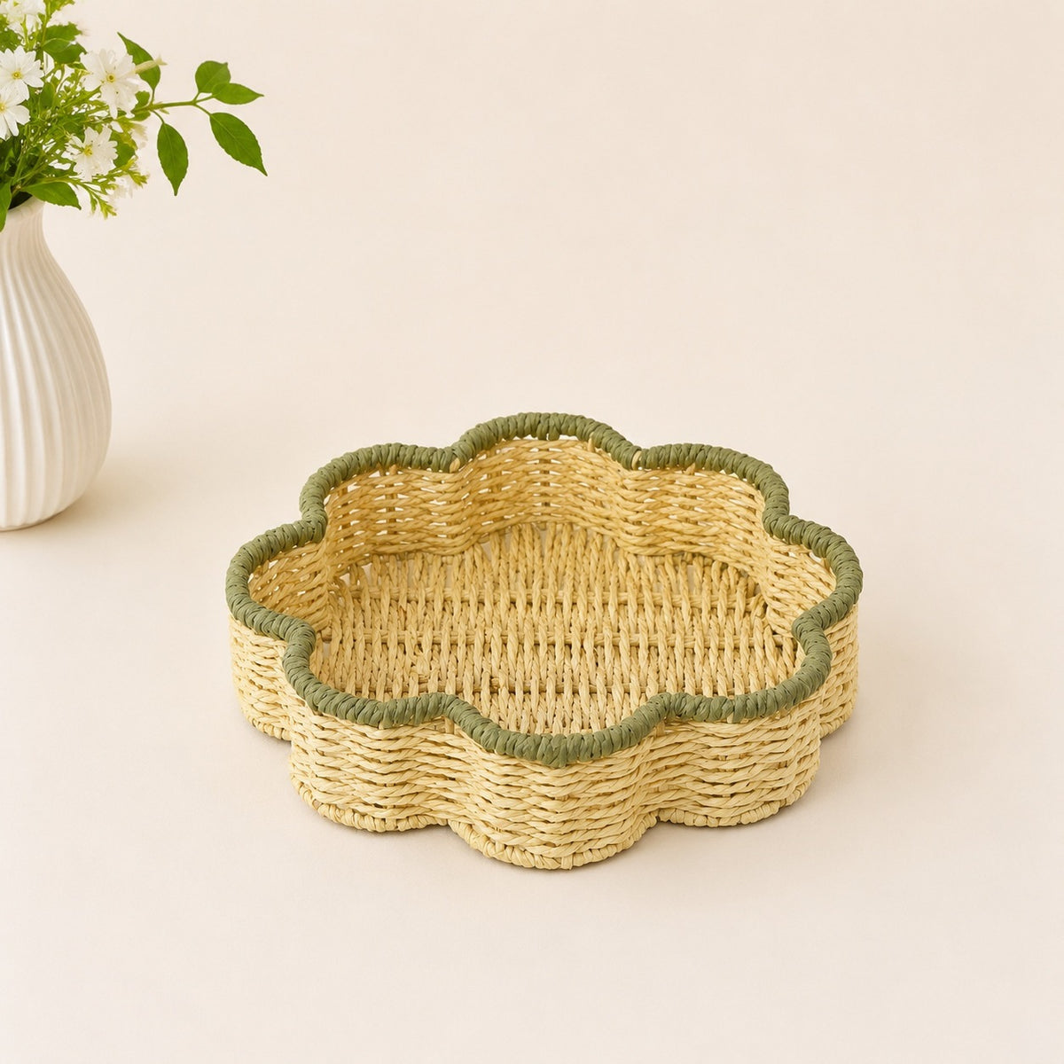 Scallop Trim Wicker Storage Baskets Set of 2, Handwoven Rattan Organizer Baskets with Handles for Fruit, Snacks & Desk Table Decor -ZENG-091814