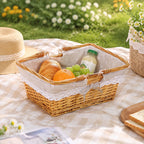 Handwoven Wicker Storage Basket with Floral Liner & Lace Trim, Rectangular Woven Organizer Basket with Foldable Handles for Home Decor -ZENG-091604
