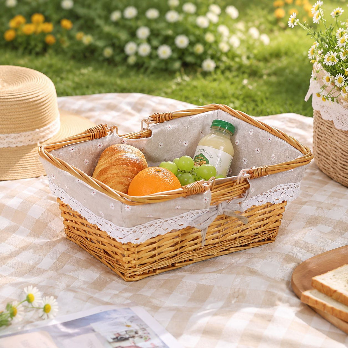 Handwoven Wicker Storage Basket with Floral Liner & Lace Trim, Rectangular Woven Organizer Basket with Foldable Handles for Home Decor -ZENG-091604