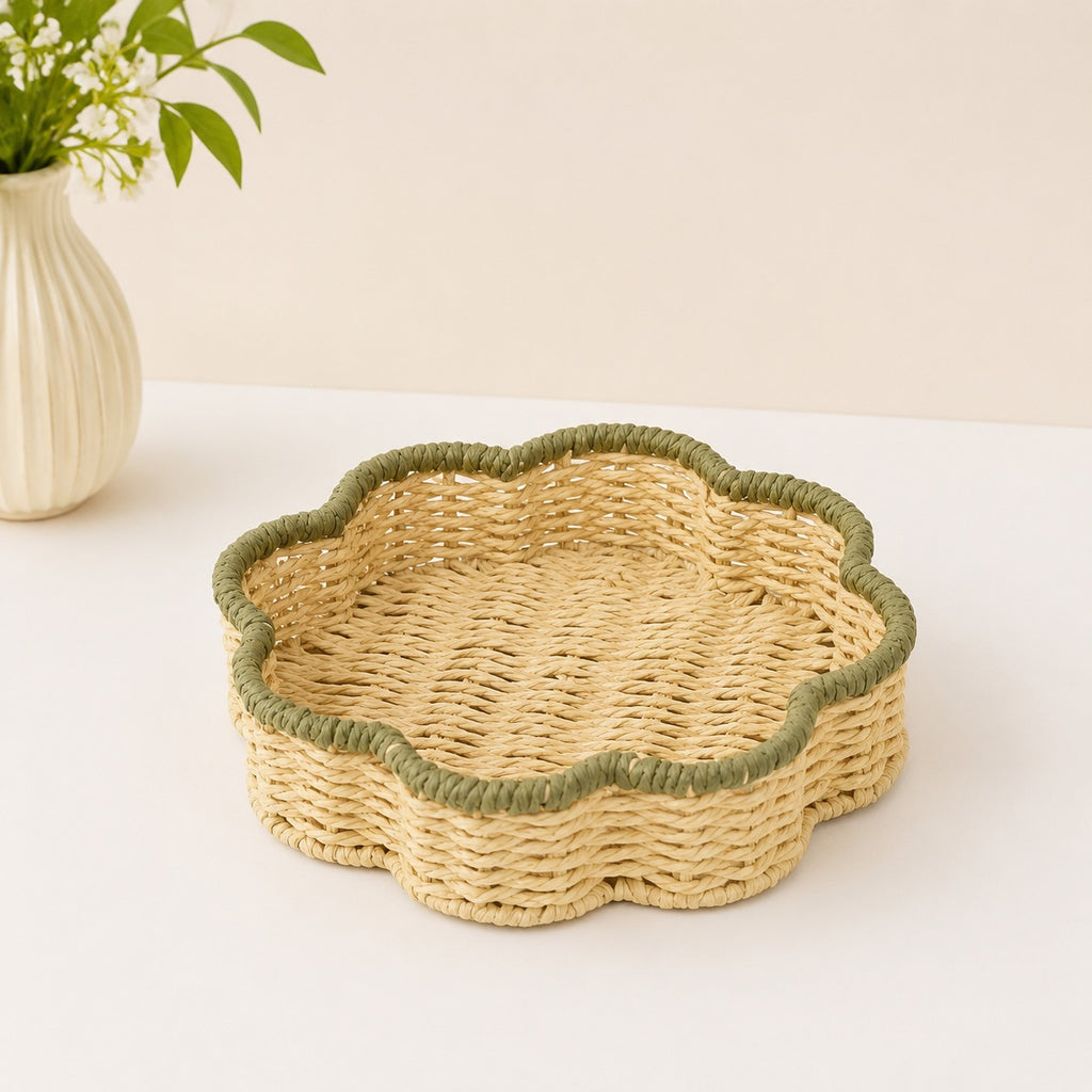 Scallop Trim Wicker Storage Baskets Set of 2, Handwoven Rattan Organizer Baskets with Handles for Fruit, Snacks & Desk Table Decor -ZENG-091814