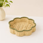 Scallop Trim Wicker Storage Baskets Set of 2, Handwoven Rattan Organizer Baskets with Handles for Fruit, Snacks & Desk Table Decor -ZENG-091814