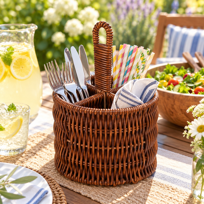 Wicker Cutlery Caddy with Handle, Handwoven Rattan Utensil Holder for Kitchen Counter, Organizer for Forks, Spoons & Knives -ZENG-091707 Hover Image