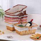 Handwoven Wicker Storage Basket with Floral Liner & Lace Trim, Rectangular Woven Organizer Basket with Foldable Handles for Home Decor -ZENG-091604