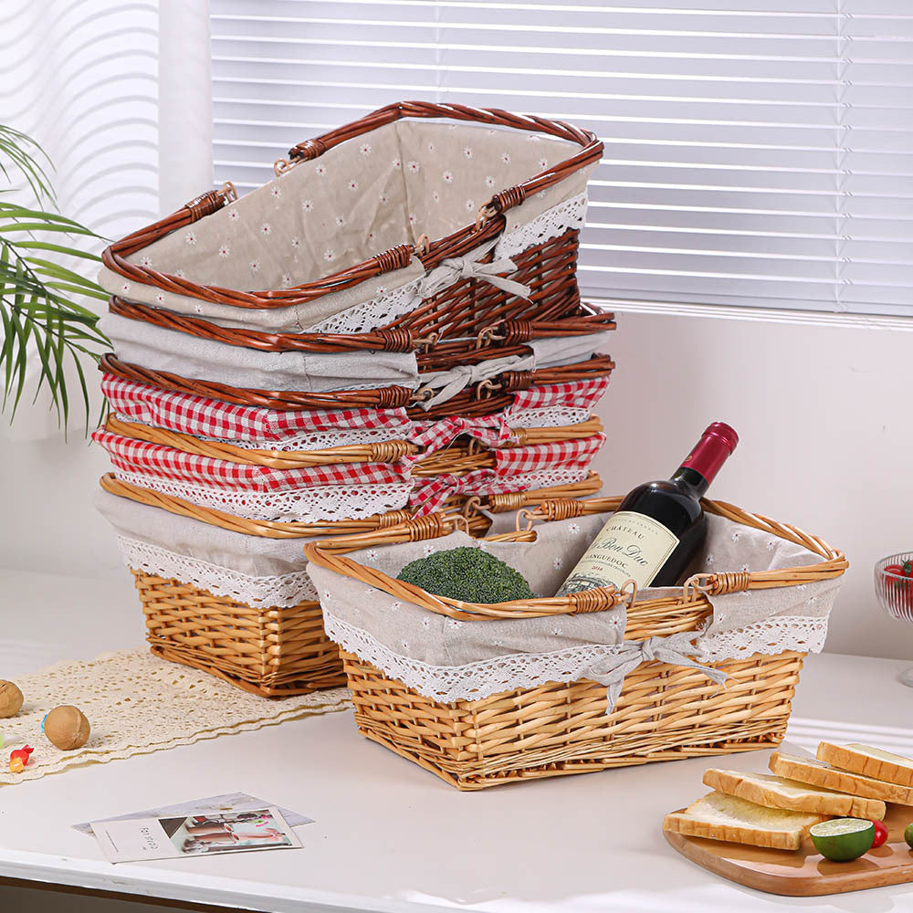 Handwoven Wicker Storage Basket with Floral Liner & Lace Trim, Rectangular Woven Organizer Basket with Foldable Handles for Home Decor -ZENG-091604