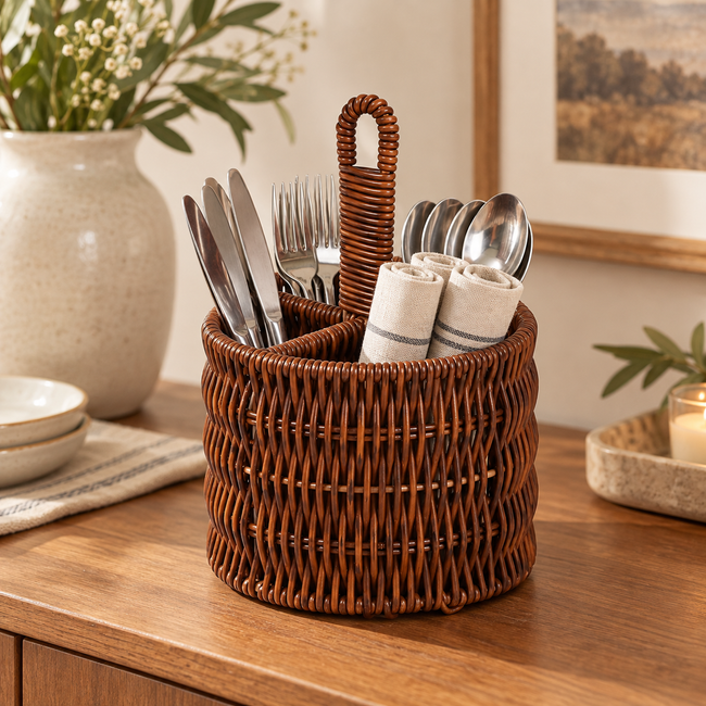 Wicker Cutlery Caddy with Handle, Handwoven Rattan Utensil Holder for Kitchen Counter, Organizer for Forks, Spoons & Knives -ZENG-091707 Main Image