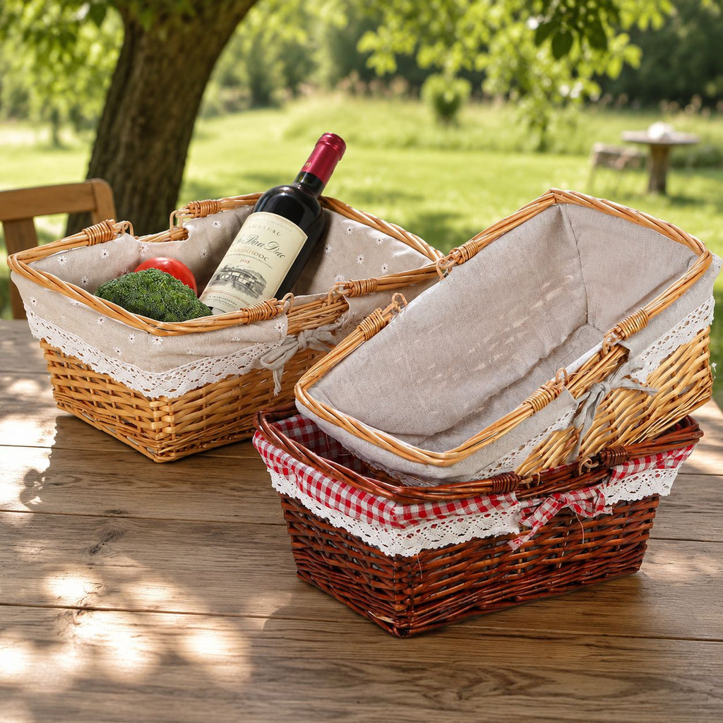 Handwoven Wicker Storage Basket with Floral Liner & Lace Trim, Rectangular Woven Organizer Basket with Foldable Handles for Home Decor -ZENG-091604
