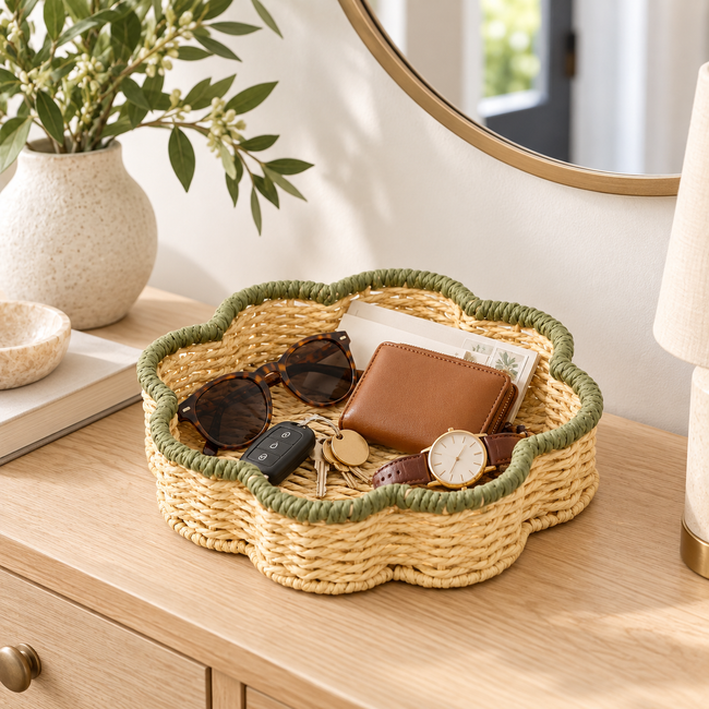 Scallop Trim Wicker Storage Baskets Set of 2, Handwoven Rattan Organizer Baskets with Handles for Fruit, Snacks & Desk Table Decor -ZENG-091814 Hover Image