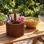 Wicker Cutlery Caddy with Handle, Handwoven Rattan Utensil Holder for Kitchen Counter, Organizer for Forks, Spoons & Knives -ZENG-091707