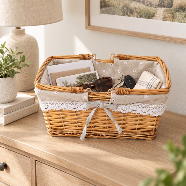 Handwoven Wicker Storage Basket with Floral Liner & Lace Trim, Rectangular Woven Organizer Basket with Foldable Handles for Home Decor -ZENG-091604 Main Image