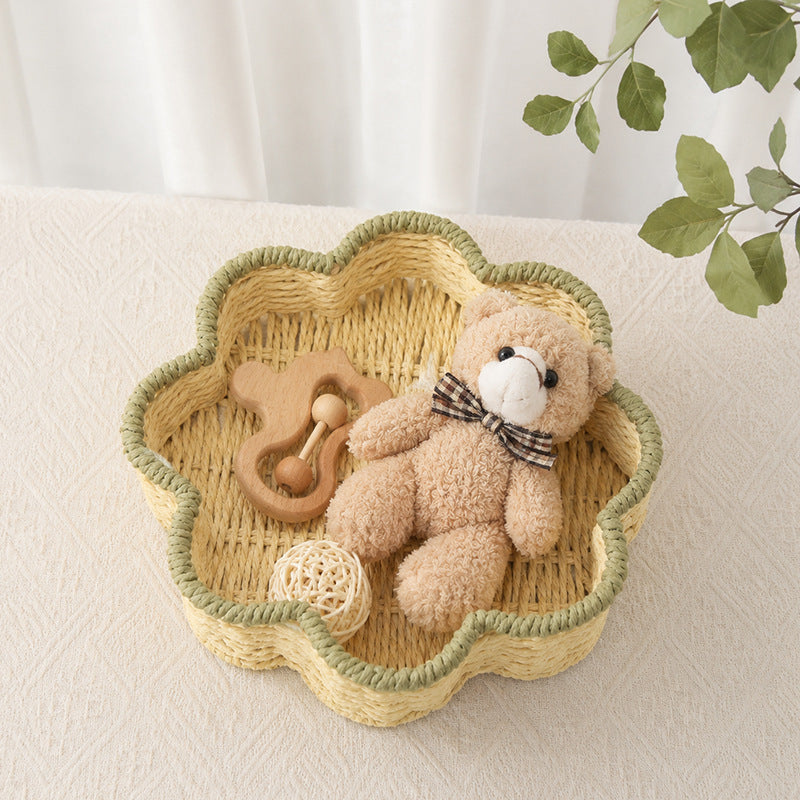 Scallop Trim Wicker Storage Baskets Set of 2, Handwoven Rattan Organizer Baskets with Handles for Fruit, Snacks & Desk Table Decor -ZENG-091814