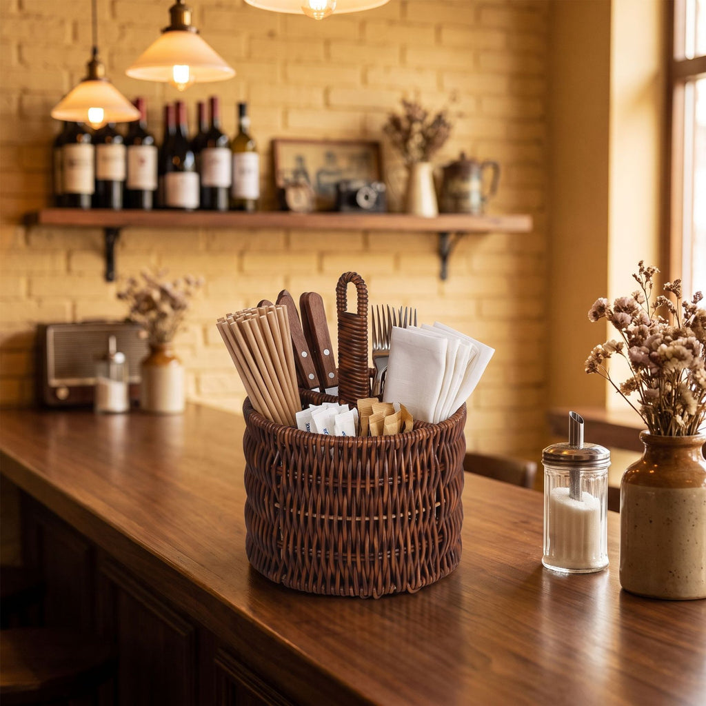 Wicker Cutlery Caddy with Handle, Handwoven Rattan Utensil Holder for Kitchen Counter, Organizer for Forks, Spoons & Knives -ZENG-091707